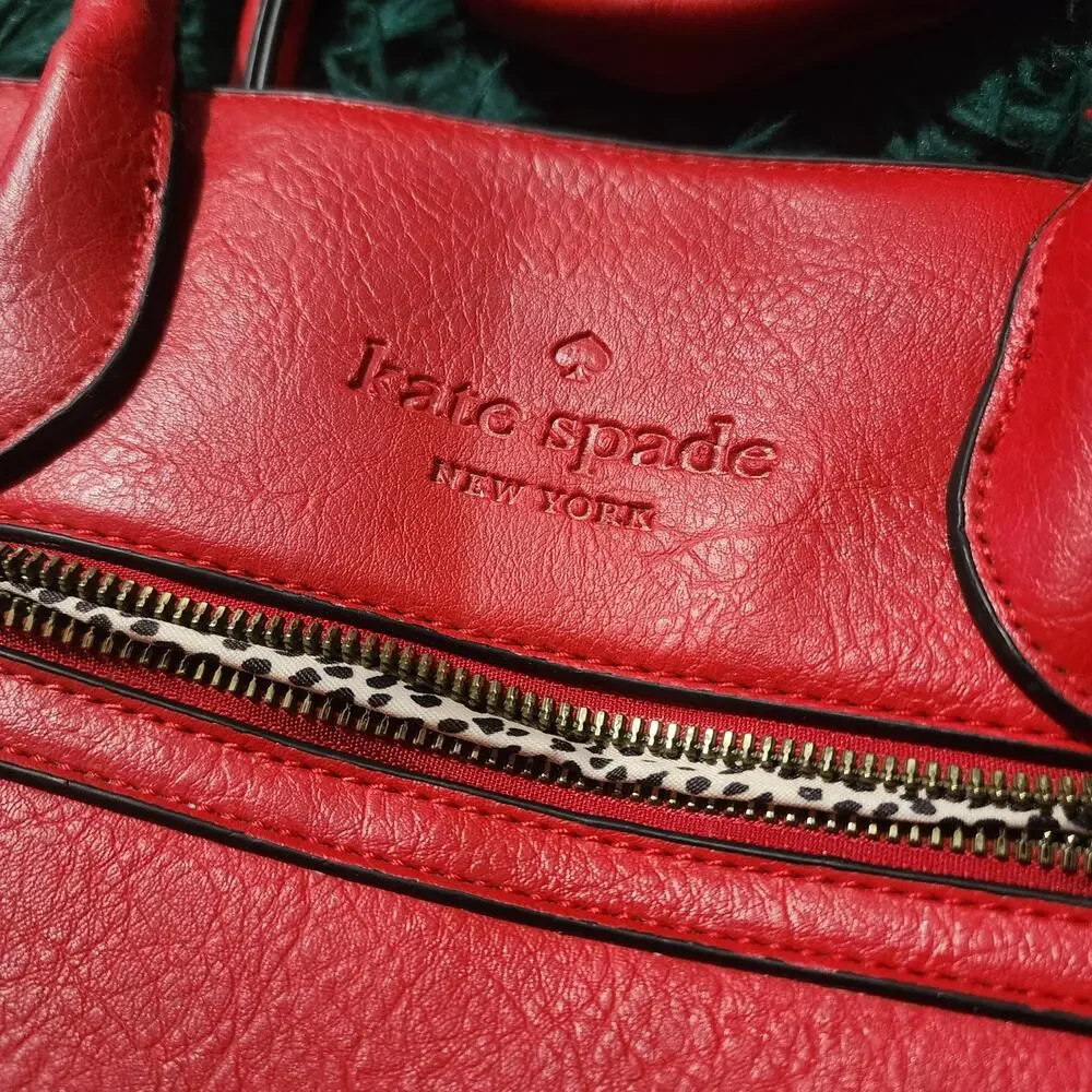 Kate Spade Red Leather Tote Bag with Coin Pouch Leopard Lining Shoulder Purse